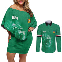 Custom Iraq Football Couples Matching Off Shoulder Short Dress and Long Sleeve Button Shirt Go Champions - Wonder Print Shop