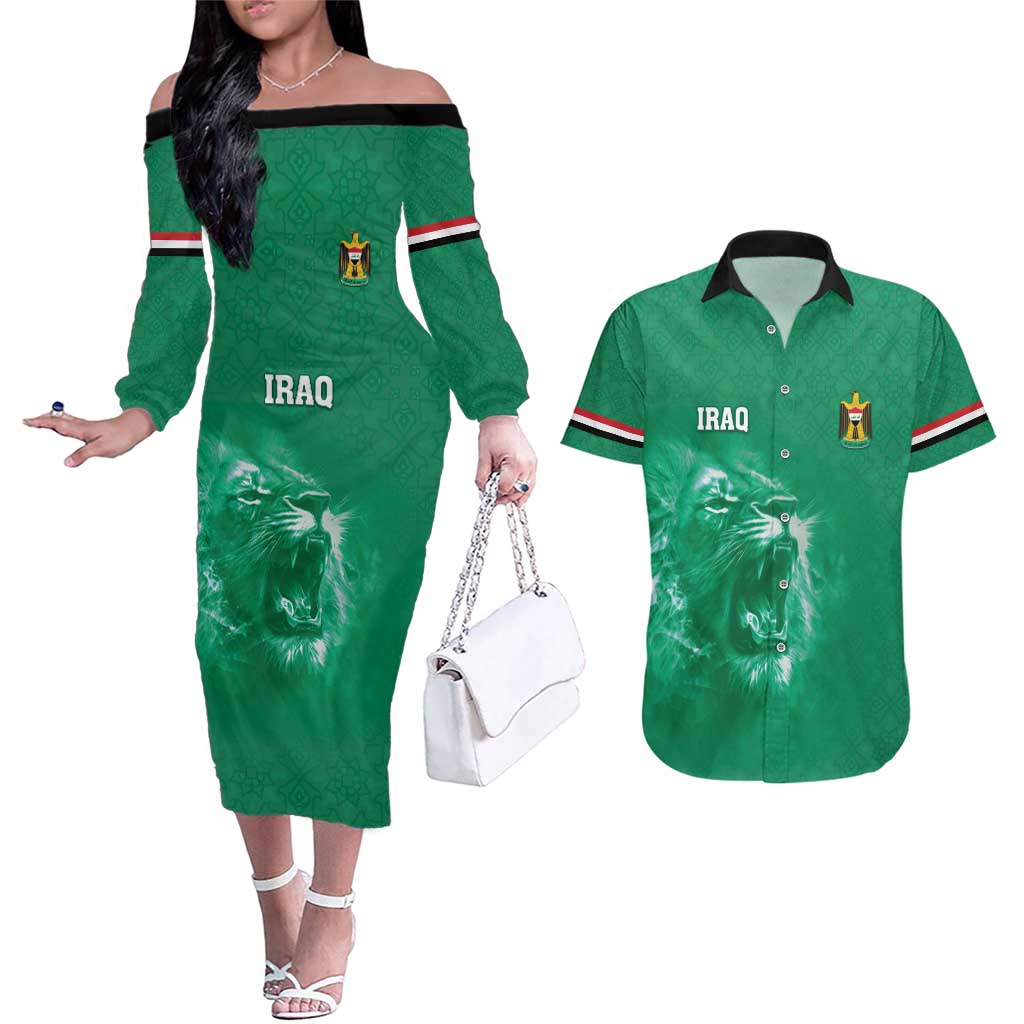 Custom Iraq Football Couples Matching Off The Shoulder Long Sleeve Dress and Hawaiian Shirt Go Champions - Wonder Print Shop