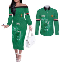 Custom Iraq Football Couples Matching Off The Shoulder Long Sleeve Dress and Long Sleeve Button Shirt Go Champions - Wonder Print Shop