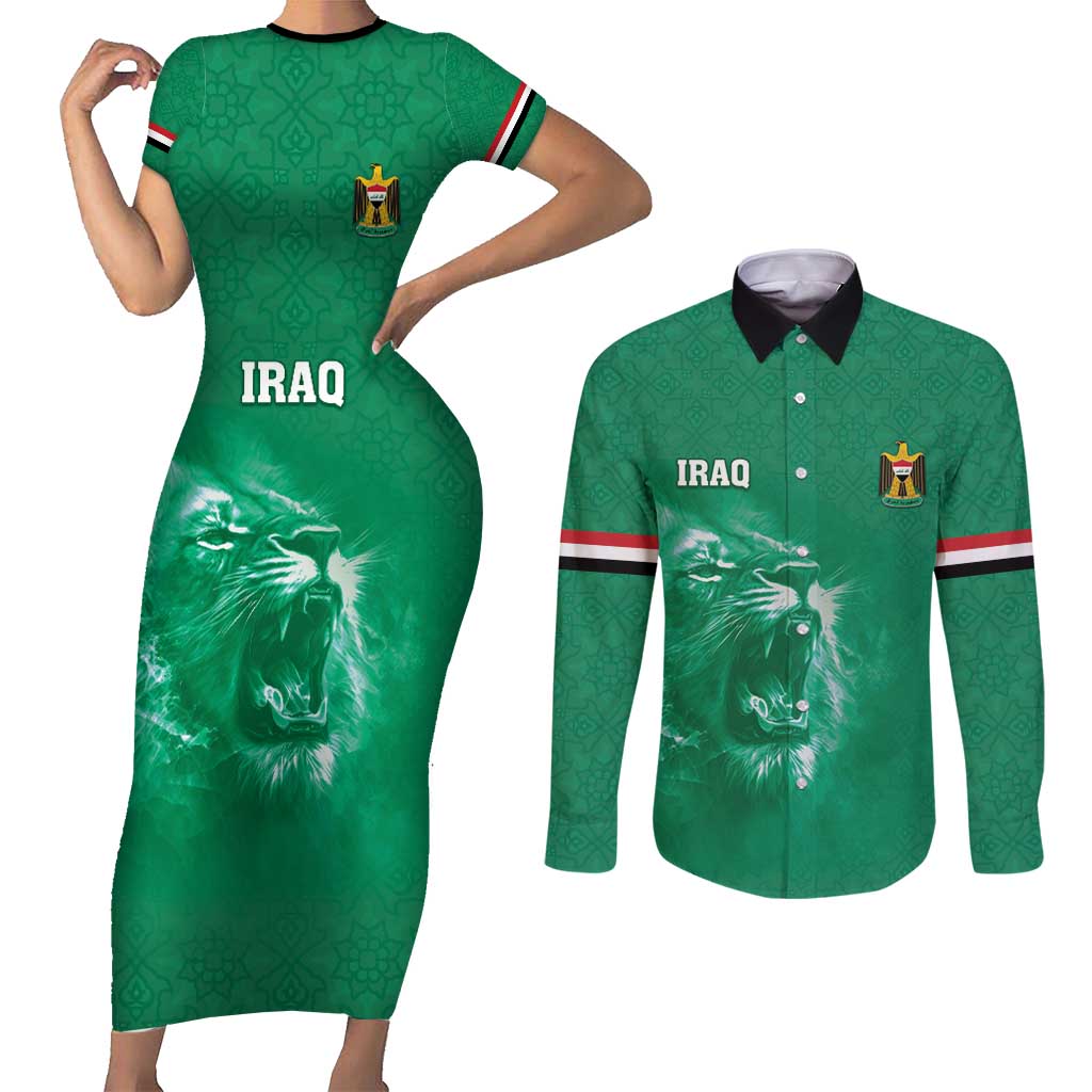 Custom Iraq Football Couples Matching Short Sleeve Bodycon Dress and Long Sleeve Button Shirt Go Champions - Wonder Print Shop