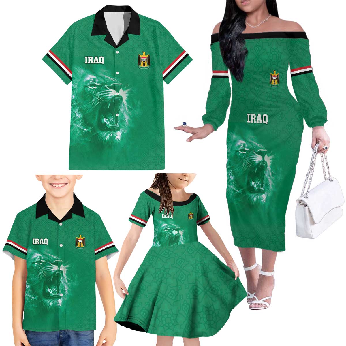Custom Iraq Football Family Matching Off The Shoulder Long Sleeve Dress and Hawaiian Shirt Go Champions - Wonder Print Shop