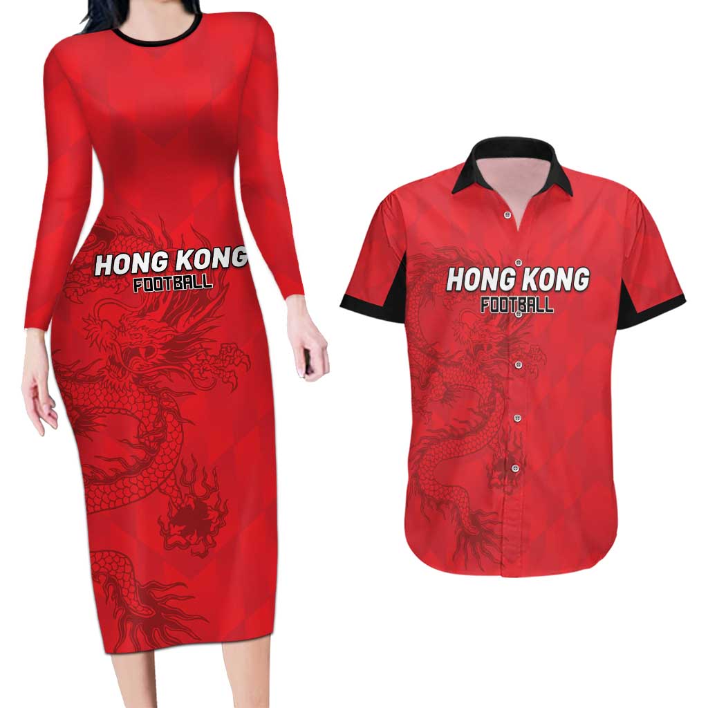 Custom Hong Kong Football Couples Matching Long Sleeve Bodycon Dress and Hawaiian Shirt Go Champions - Wonder Print Shop