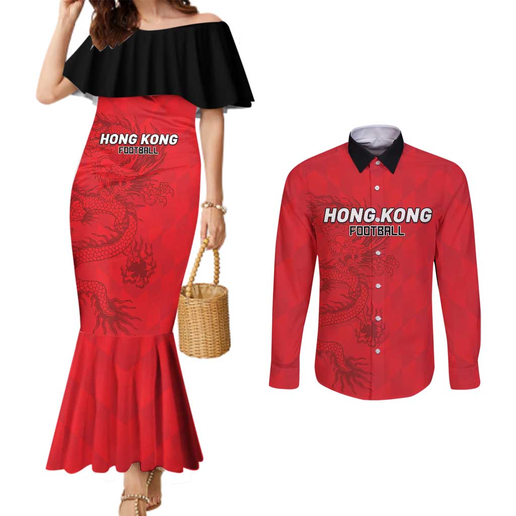 Custom Hong Kong Football Couples Matching Mermaid Dress and Long Sleeve Button Shirt Go Champions - Wonder Print Shop