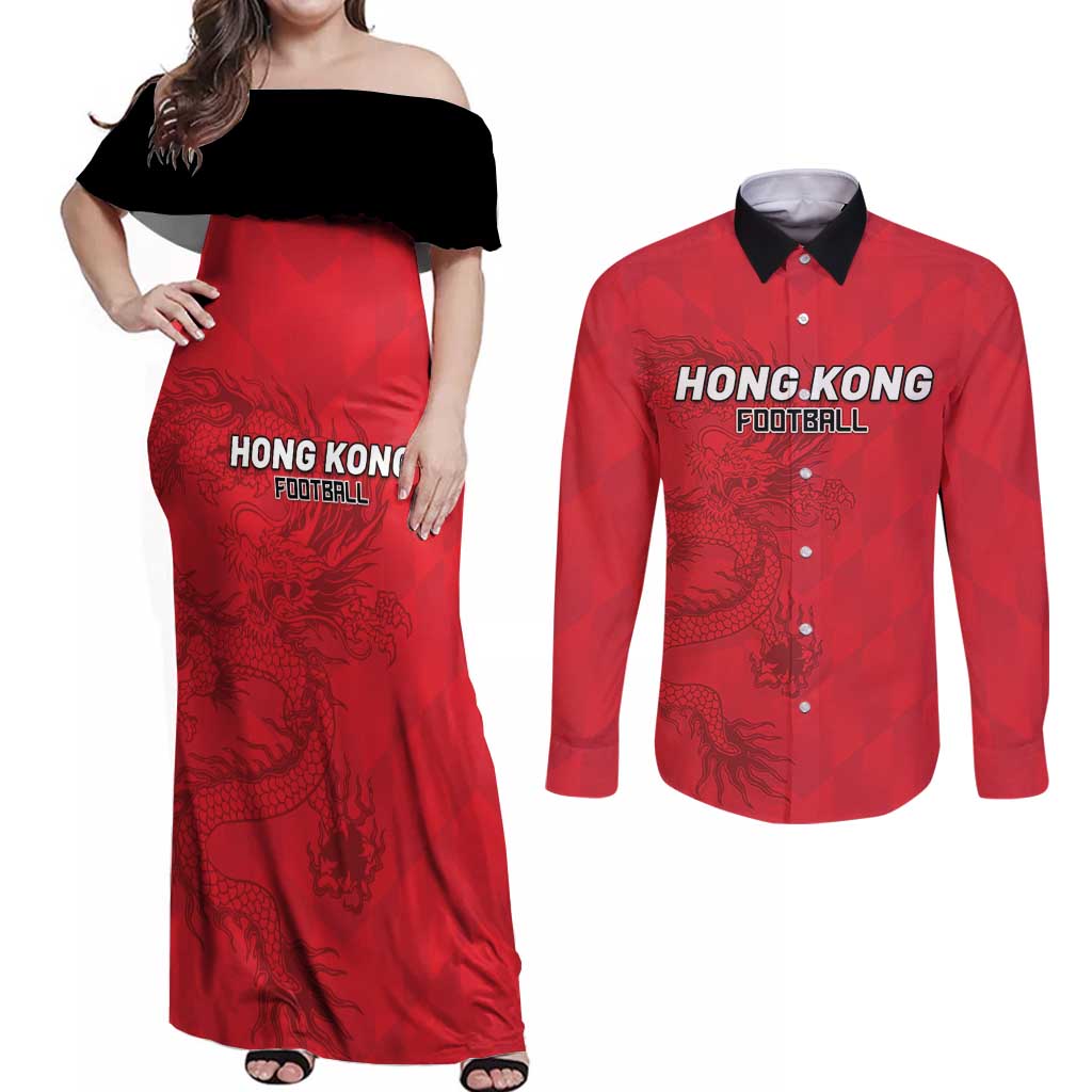 Custom Hong Kong Football Couples Matching Off Shoulder Maxi Dress and Long Sleeve Button Shirt Go Champions - Wonder Print Shop