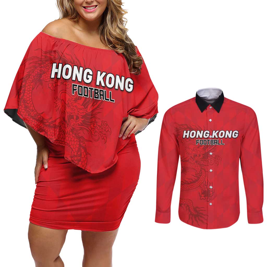 Custom Hong Kong Football Couples Matching Off Shoulder Short Dress and Long Sleeve Button Shirt Go Champions - Wonder Print Shop