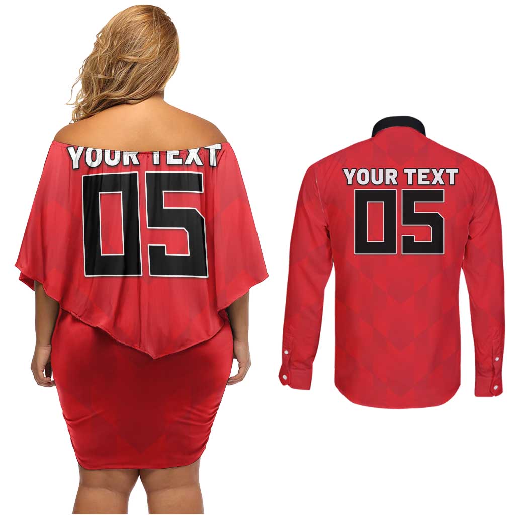 Custom Hong Kong Football Couples Matching Off Shoulder Short Dress and Long Sleeve Button Shirt Go Champions - Wonder Print Shop