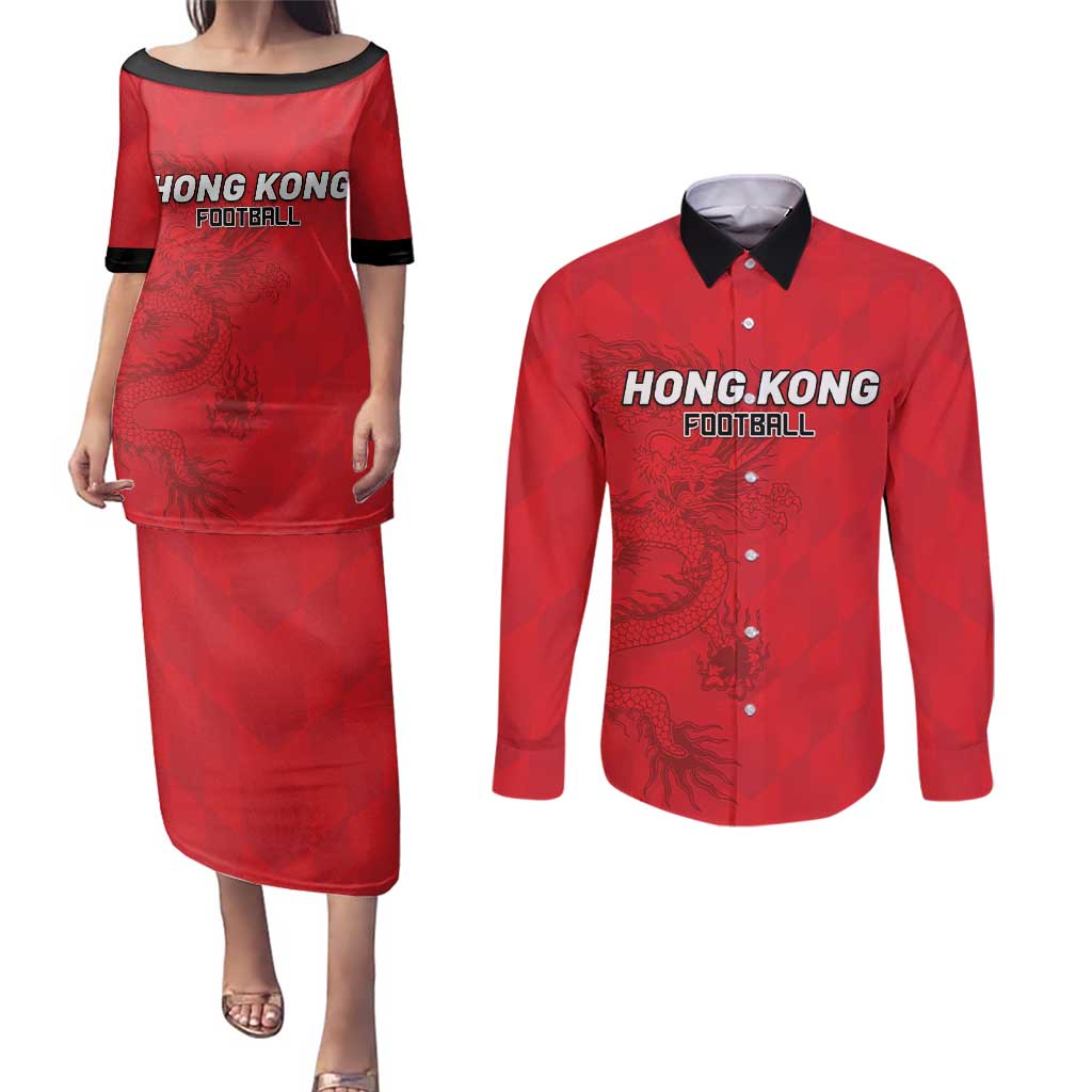 Custom Hong Kong Football Couples Matching Puletasi and Long Sleeve Button Shirt Go Champions - Wonder Print Shop