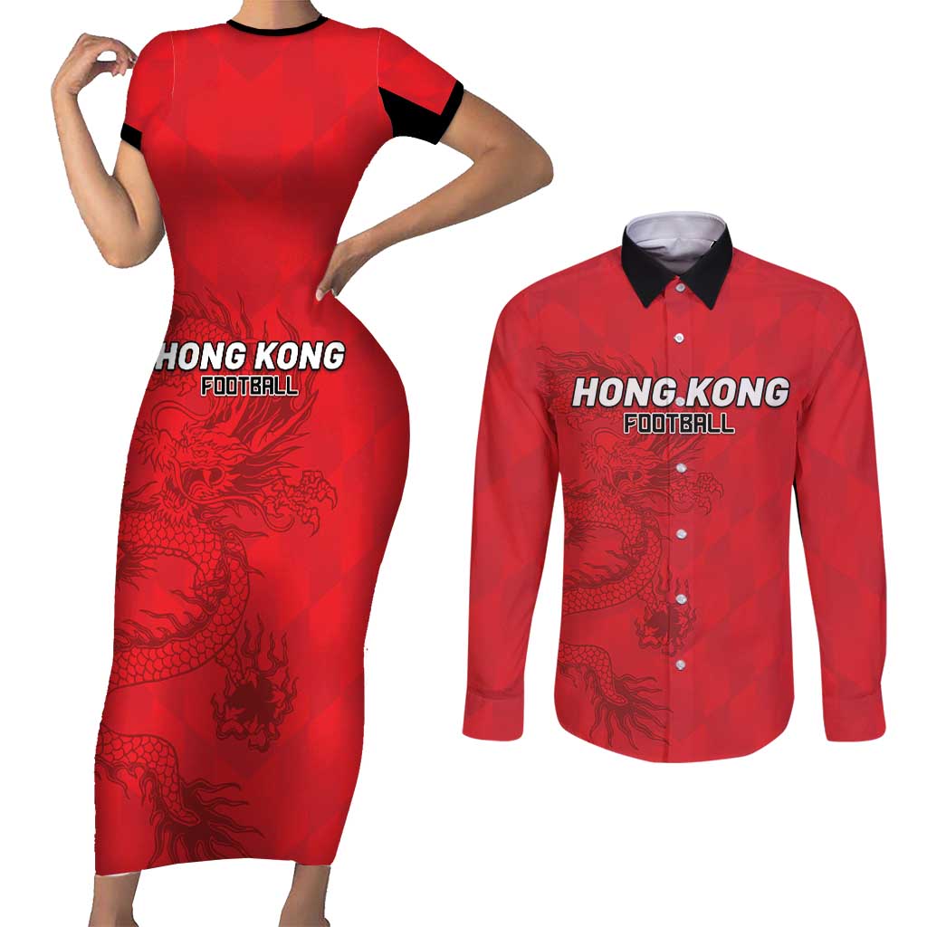 Custom Hong Kong Football Couples Matching Short Sleeve Bodycon Dress and Long Sleeve Button Shirt Go Champions - Wonder Print Shop