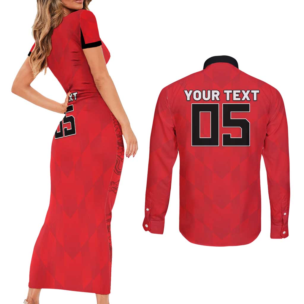 Custom Hong Kong Football Couples Matching Short Sleeve Bodycon Dress and Long Sleeve Button Shirt Go Champions - Wonder Print Shop