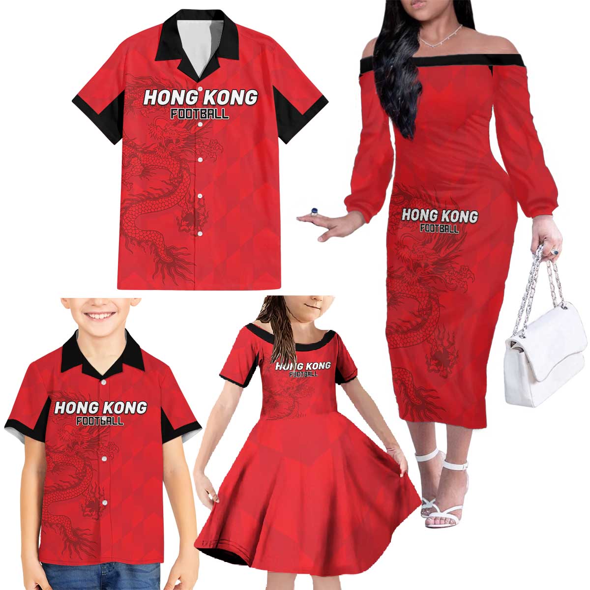Custom Hong Kong Football Family Matching Off The Shoulder Long Sleeve Dress and Hawaiian Shirt Go Champions - Wonder Print Shop