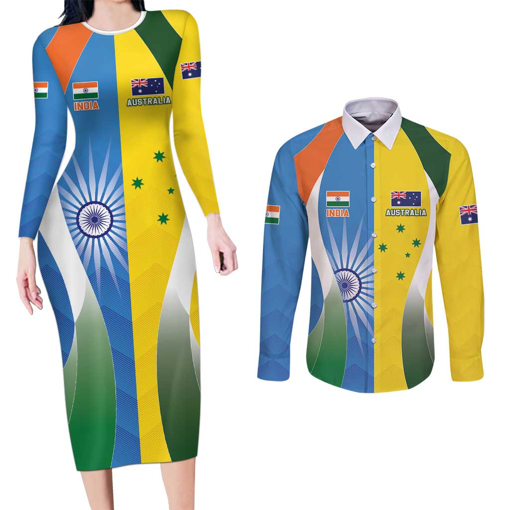Custom India Vs Australia Cricket Couples Matching Long Sleeve Bodycon Dress and Long Sleeve Button Shirt Final Matchup - Wonder Print Shop