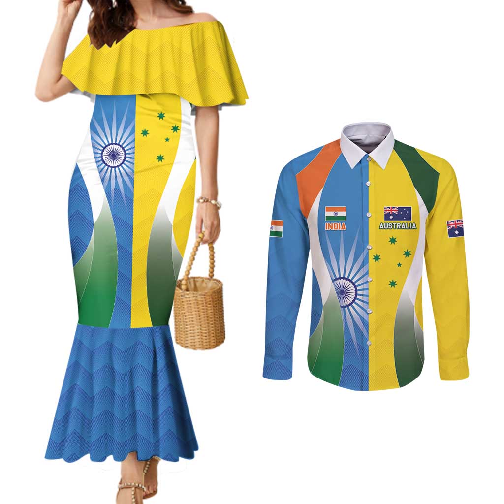 Custom India Vs Australia Cricket Couples Matching Mermaid Dress and Long Sleeve Button Shirt Final Matchup - Wonder Print Shop
