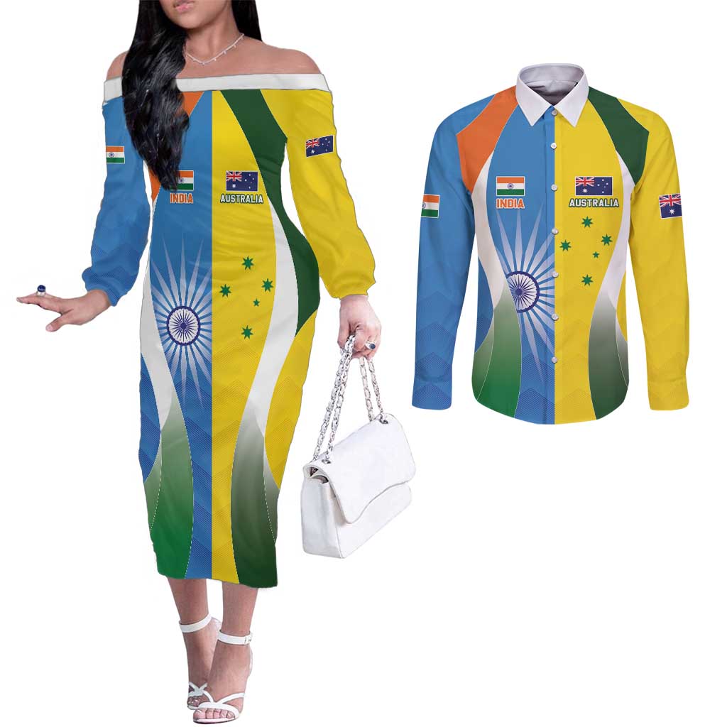 Custom India Vs Australia Cricket Couples Matching Off The Shoulder Long Sleeve Dress and Long Sleeve Button Shirt Final Matchup - Wonder Print Shop