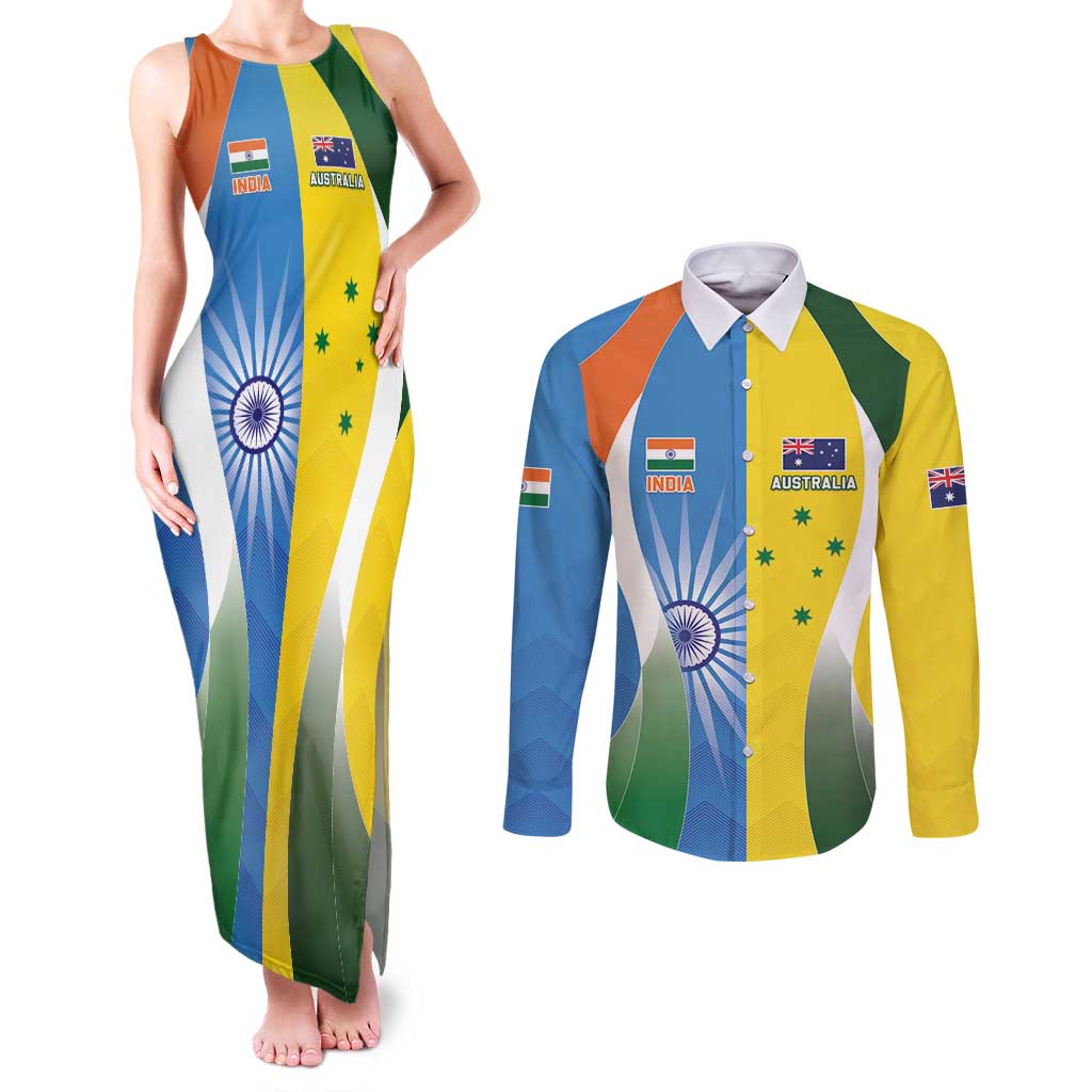 Custom India Vs Australia Cricket Couples Matching Tank Maxi Dress and Long Sleeve Button Shirt Final Matchup - Wonder Print Shop