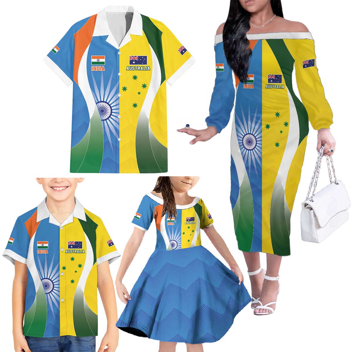 Custom India Vs Australia Cricket Family Matching Off The Shoulder Long Sleeve Dress and Hawaiian Shirt Final Matchup - Wonder Print Shop