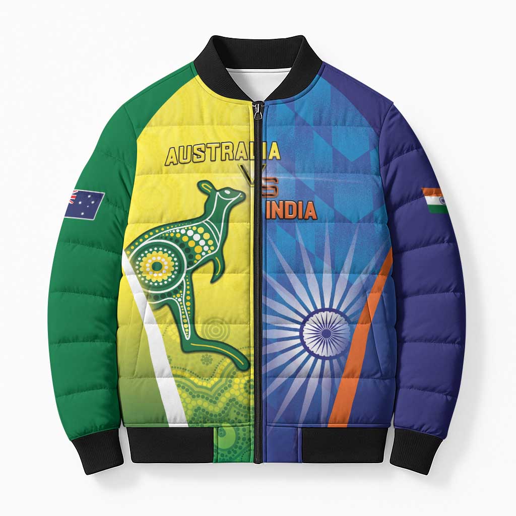 Custom Australia And India Cricket Bomber Puffer Jacket Ashoka Chakra With Aboriginal - Wonder Print Shop