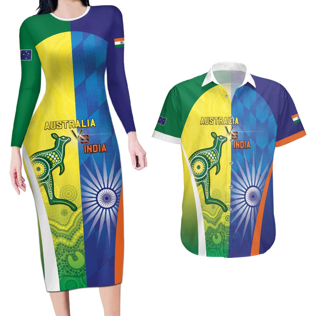 Custom Australia And India Cricket Couples Matching Long Sleeve Bodycon Dress and Hawaiian Shirt Ashoka Chakra With Aboriginal - Wonder Print Shop