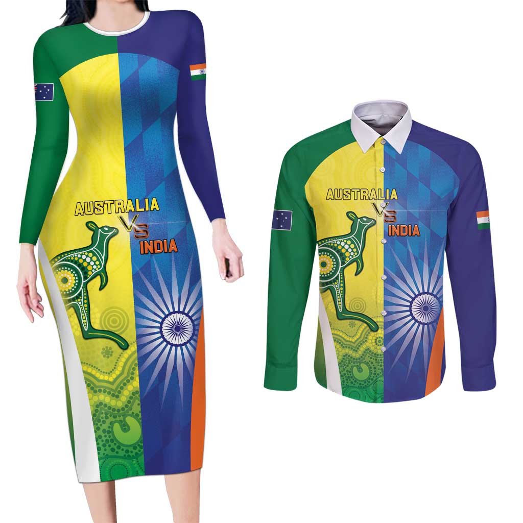 Custom Australia And India Cricket Couples Matching Long Sleeve Bodycon Dress and Long Sleeve Button Shirt Ashoka Chakra With Aboriginal - Wonder Print Shop