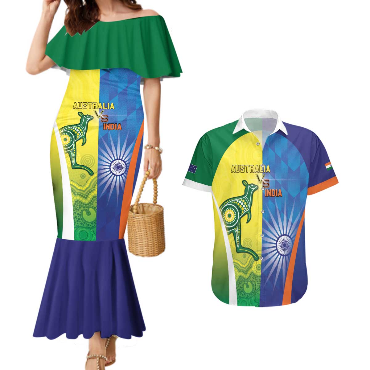Custom Australia And India Cricket Couples Matching Mermaid Dress and Hawaiian Shirt Ashoka Chakra With Aboriginal - Wonder Print Shop