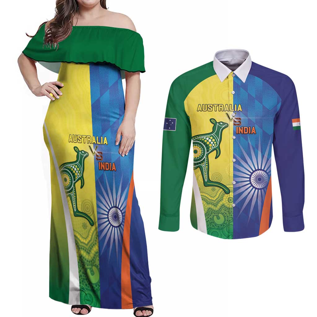 Custom Australia And India Cricket Couples Matching Off Shoulder Maxi Dress and Long Sleeve Button Shirt Ashoka Chakra With Aboriginal - Wonder Print Shop