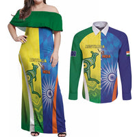 Custom Australia And India Cricket Couples Matching Off Shoulder Maxi Dress and Long Sleeve Button Shirt Ashoka Chakra With Aboriginal - Wonder Print Shop