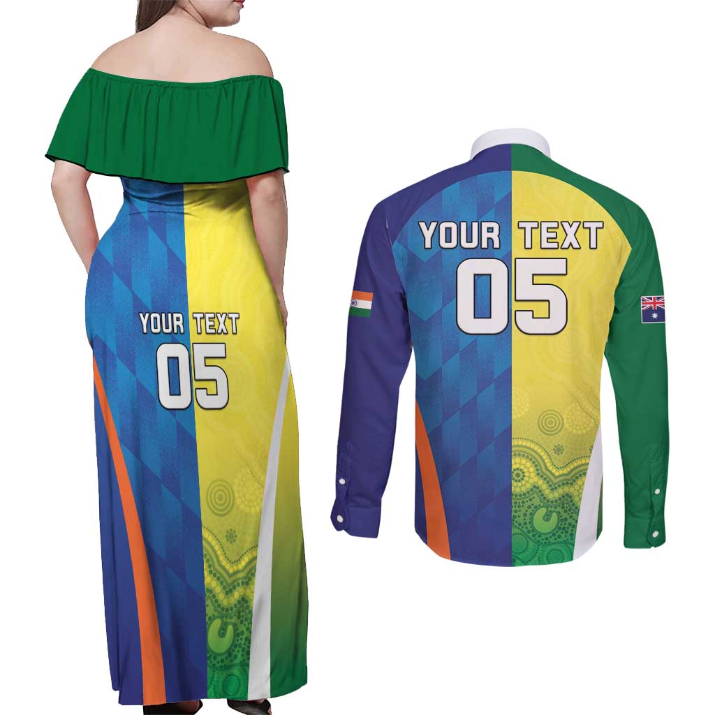 Custom Australia And India Cricket Couples Matching Off Shoulder Maxi Dress and Long Sleeve Button Shirt Ashoka Chakra With Aboriginal - Wonder Print Shop