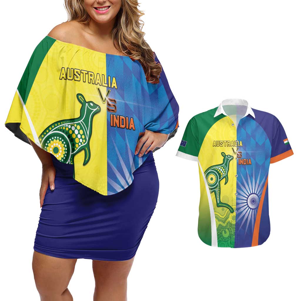Custom Australia And India Cricket Couples Matching Off Shoulder Short Dress and Hawaiian Shirt Ashoka Chakra With Aboriginal - Wonder Print Shop