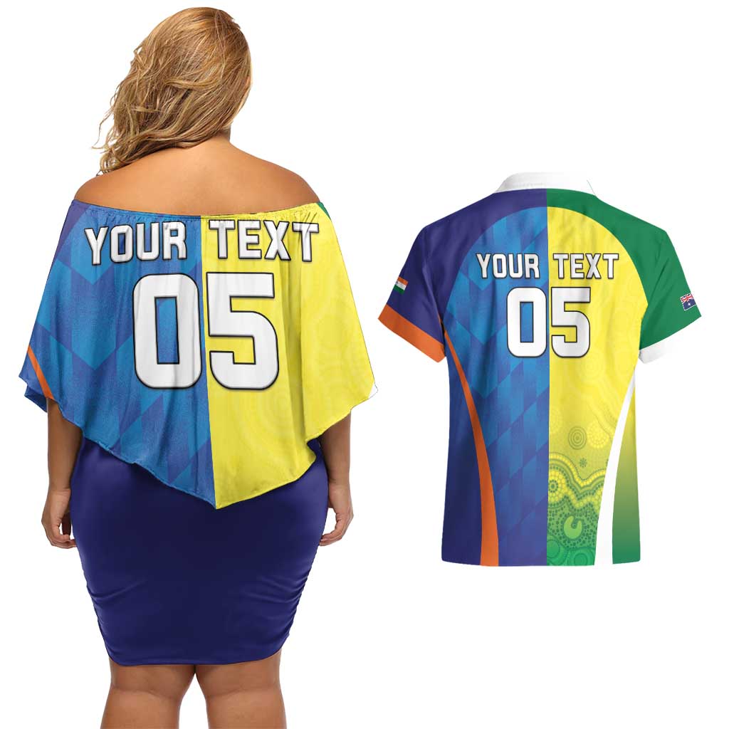 Custom Australia And India Cricket Couples Matching Off Shoulder Short Dress and Hawaiian Shirt Ashoka Chakra With Aboriginal - Wonder Print Shop