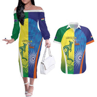 Custom Australia And India Cricket Couples Matching Off The Shoulder Long Sleeve Dress and Hawaiian Shirt Ashoka Chakra With Aboriginal - Wonder Print Shop