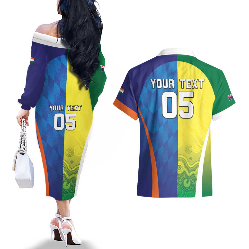 Custom Australia And India Cricket Couples Matching Off The Shoulder Long Sleeve Dress and Hawaiian Shirt Ashoka Chakra With Aboriginal - Wonder Print Shop