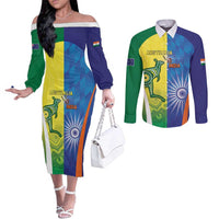 Custom Australia And India Cricket Couples Matching Off The Shoulder Long Sleeve Dress and Long Sleeve Button Shirt Ashoka Chakra With Aboriginal - Wonder Print Shop