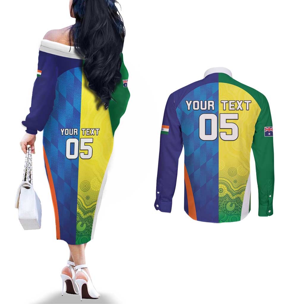 Custom Australia And India Cricket Couples Matching Off The Shoulder Long Sleeve Dress and Long Sleeve Button Shirt Ashoka Chakra With Aboriginal - Wonder Print Shop