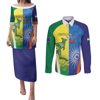 Custom Australia And India Cricket Couples Matching Puletasi and Long Sleeve Button Shirt Ashoka Chakra With Aboriginal - Wonder Print Shop