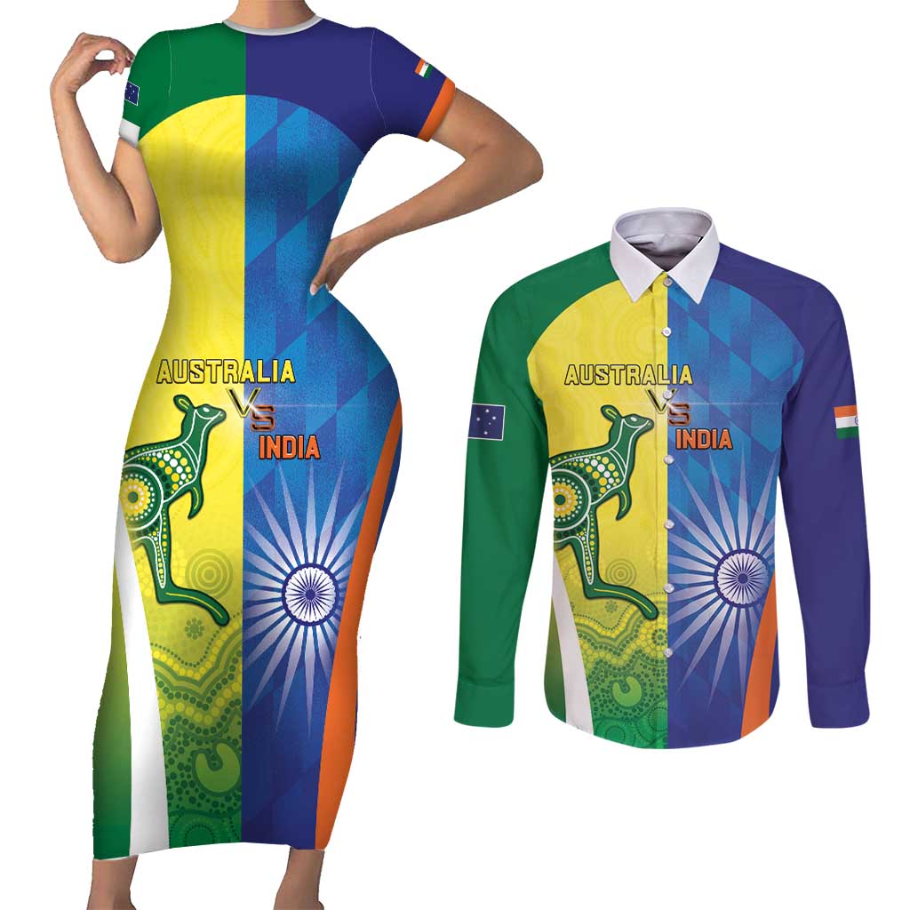Custom Australia And India Cricket Couples Matching Short Sleeve Bodycon Dress and Long Sleeve Button Shirt Ashoka Chakra With Aboriginal - Wonder Print Shop