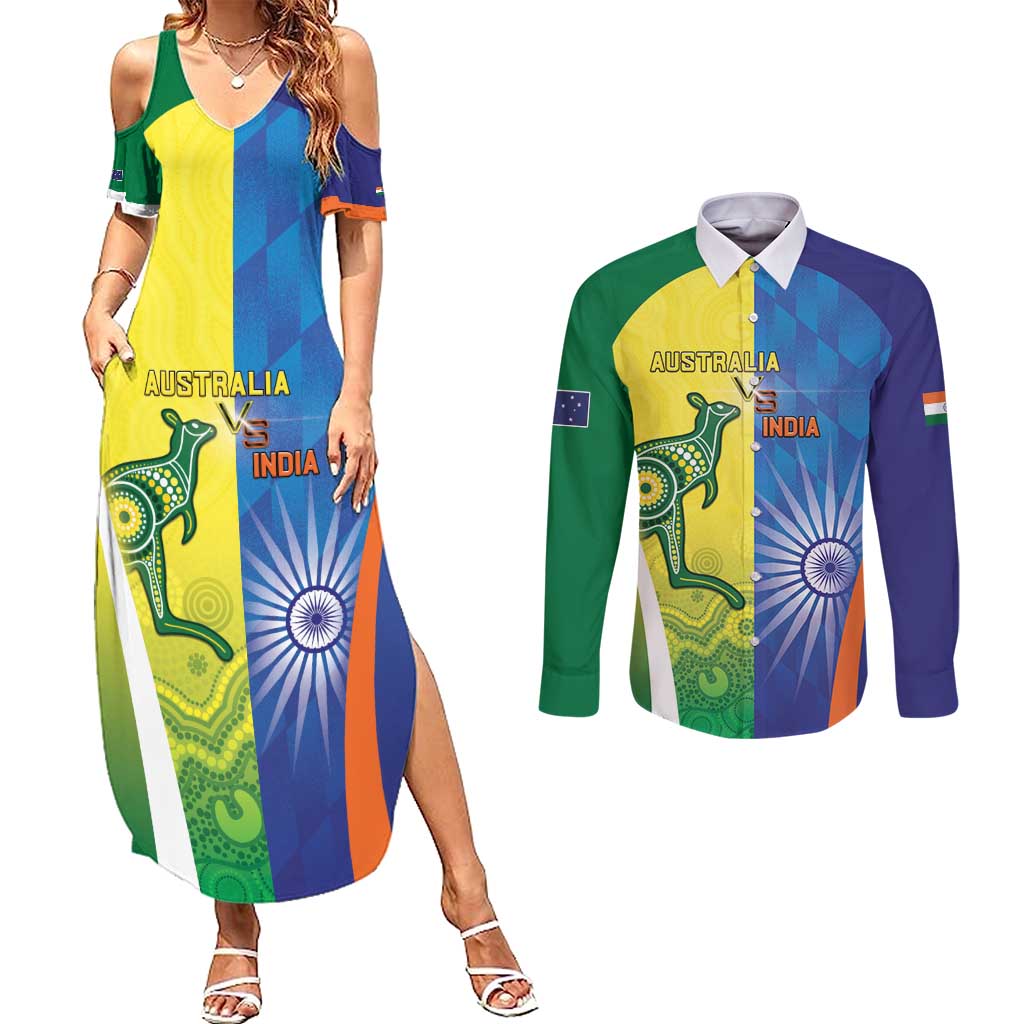 Custom Australia And India Cricket Couples Matching Summer Maxi Dress and Long Sleeve Button Shirt Ashoka Chakra With Aboriginal - Wonder Print Shop