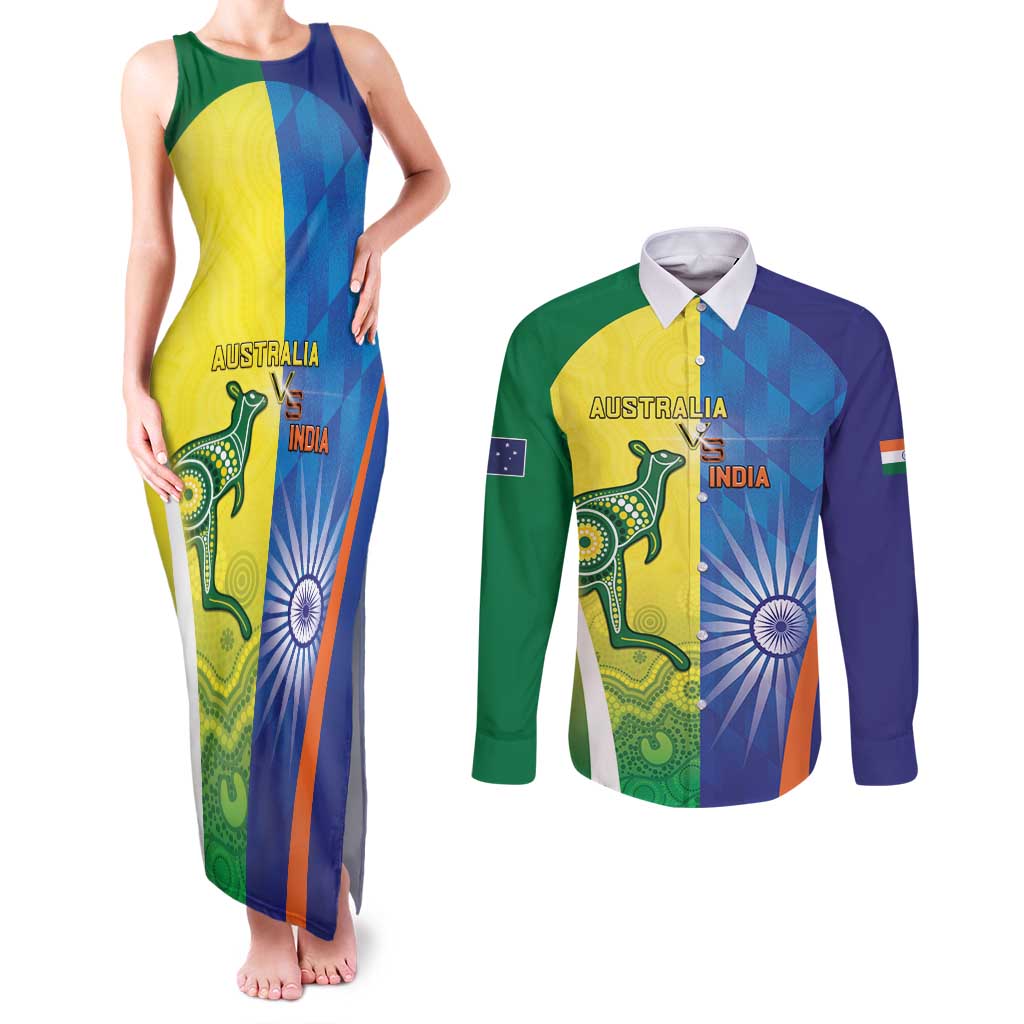 Custom Australia And India Cricket Couples Matching Tank Maxi Dress and Long Sleeve Button Shirt Ashoka Chakra With Aboriginal - Wonder Print Shop