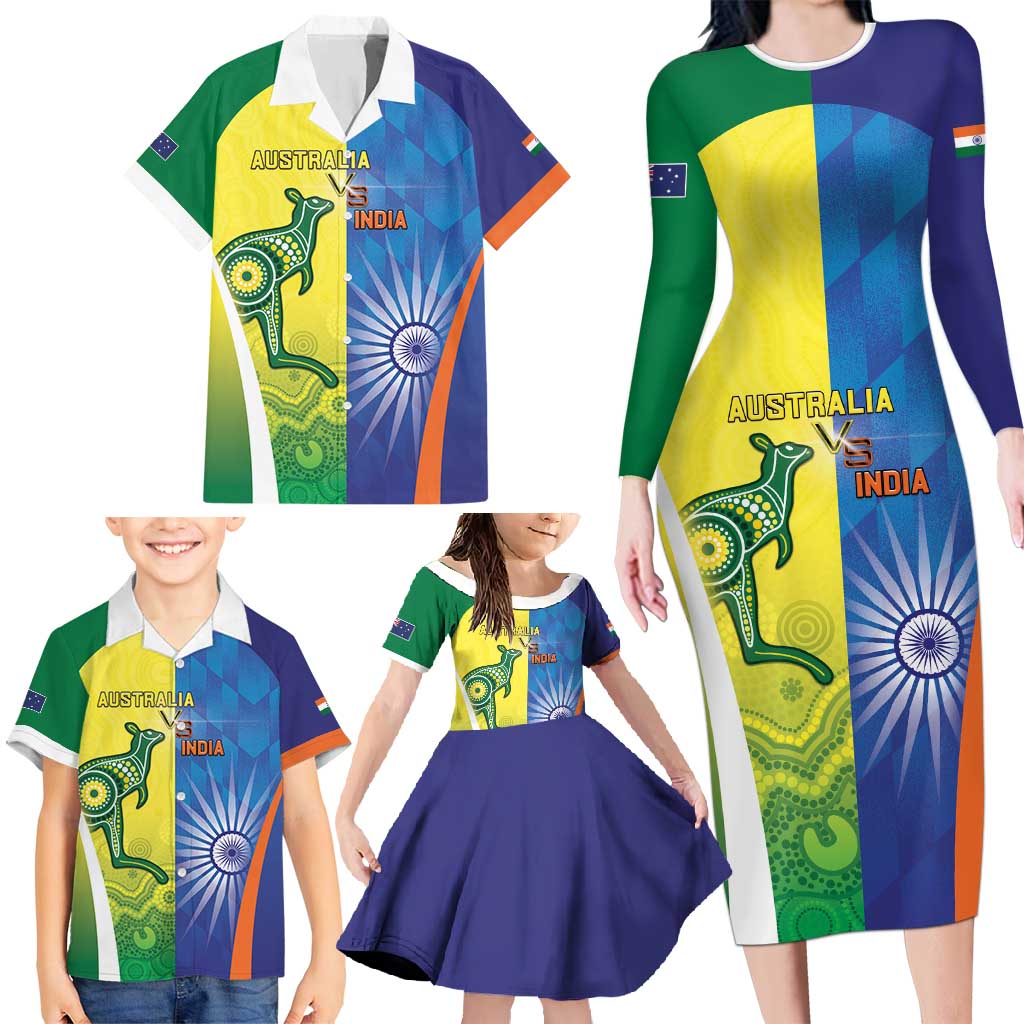 Custom Australia And India Cricket Family Matching Long Sleeve Bodycon Dress and Hawaiian Shirt Ashoka Chakra With Aboriginal - Wonder Print Shop