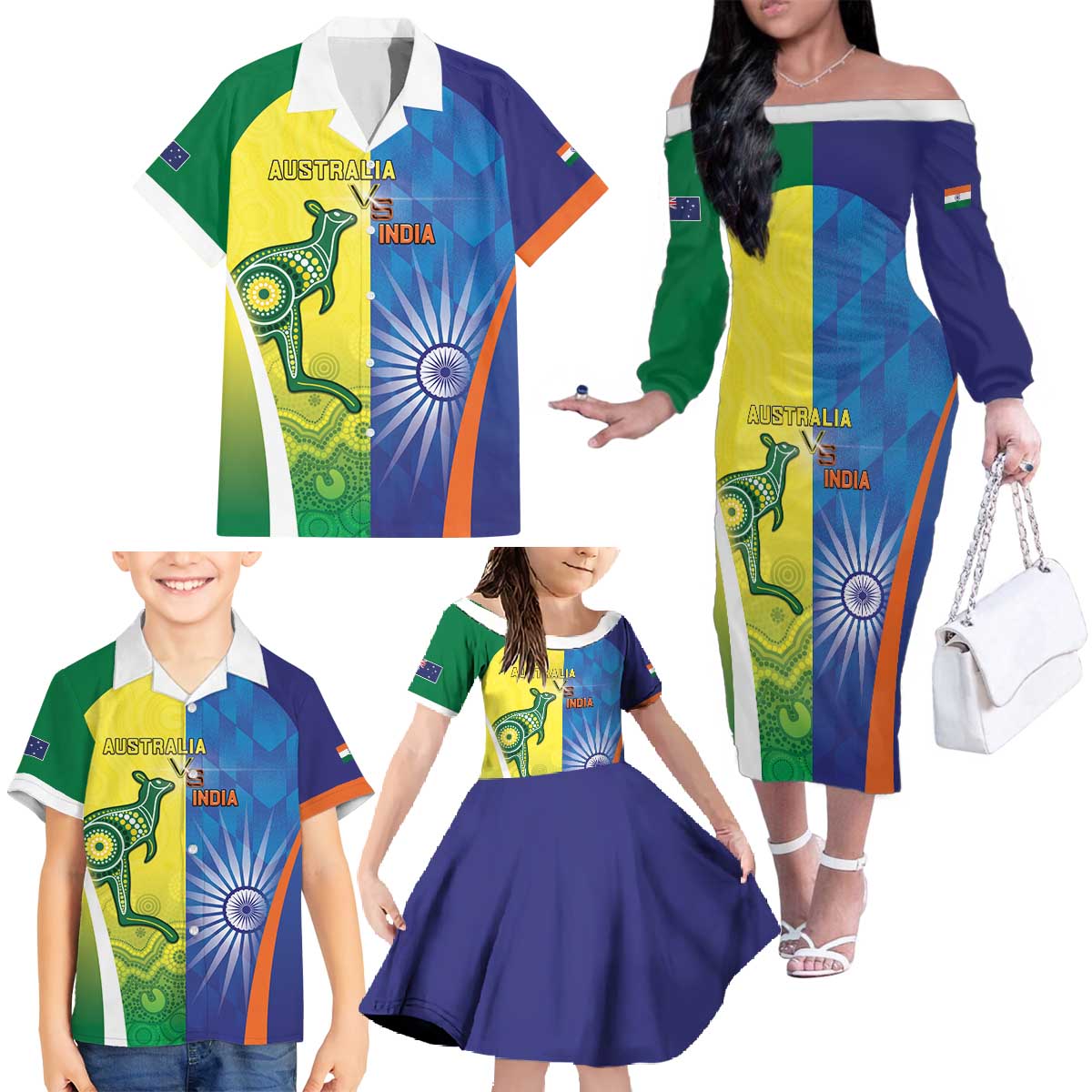 Custom Australia And India Cricket Family Matching Off The Shoulder Long Sleeve Dress and Hawaiian Shirt Ashoka Chakra With Aboriginal - Wonder Print Shop