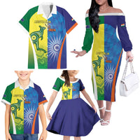 Custom Australia And India Cricket Family Matching Off The Shoulder Long Sleeve Dress and Hawaiian Shirt Ashoka Chakra With Aboriginal - Wonder Print Shop