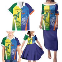 Custom Australia And India Cricket Family Matching Puletasi and Hawaiian Shirt Ashoka Chakra With Aboriginal - Wonder Print Shop