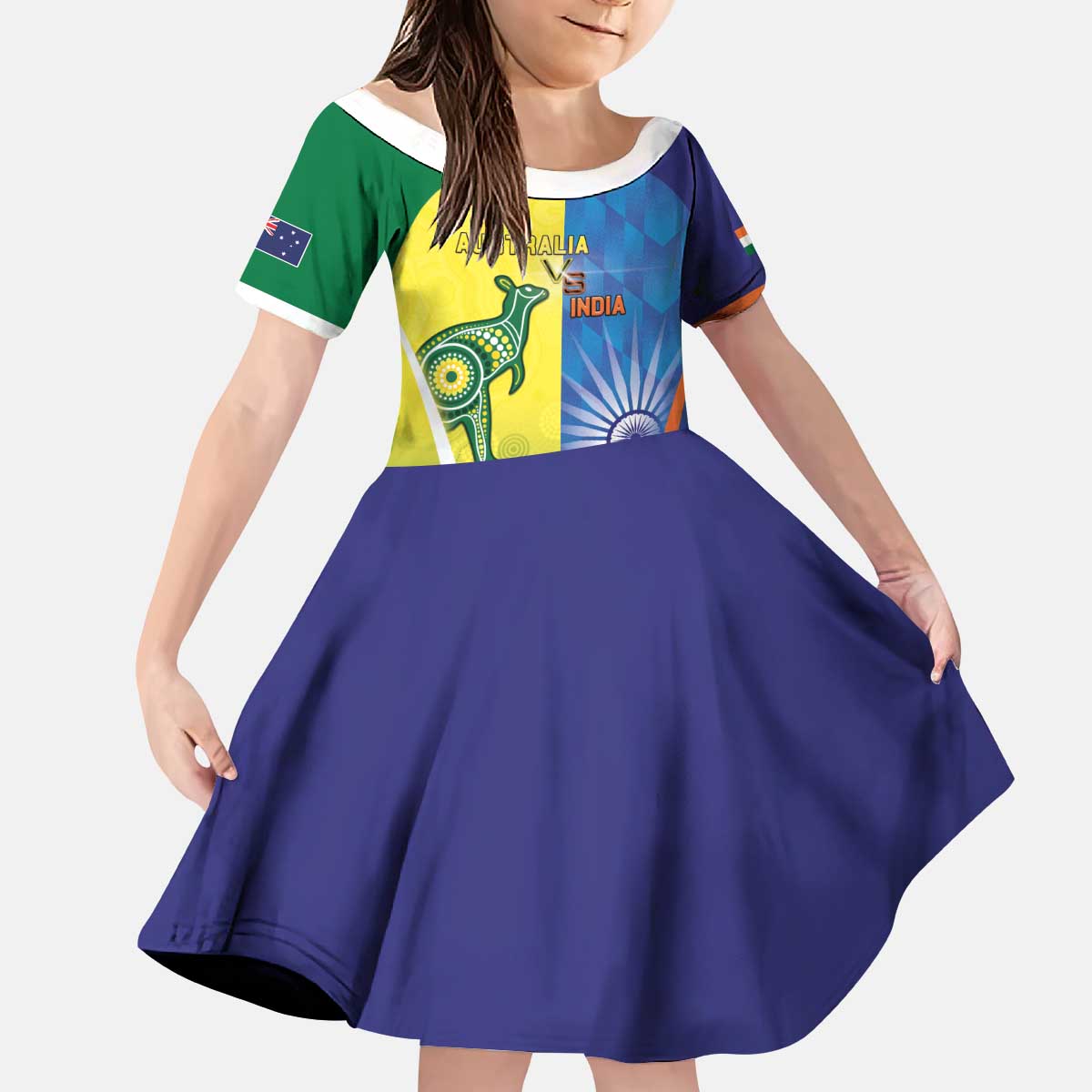 Custom Australia And India Cricket Kid Short Sleeve Dress Ashoka Chakra With Aboriginal - Wonder Print Shop