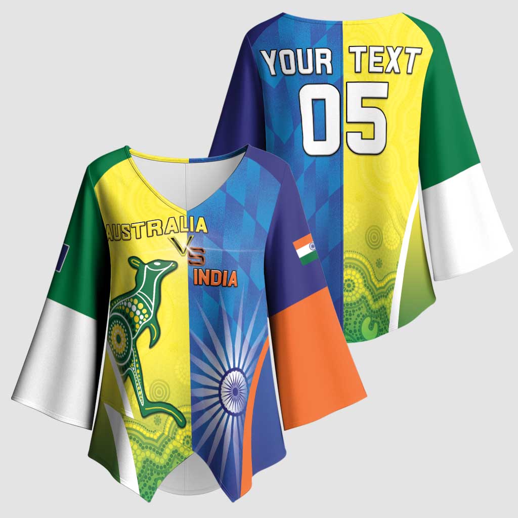 Custom Australia And India Cricket Kimono Sleeve Blouse Ashoka Chakra With Aboriginal - Wonder Print Shop