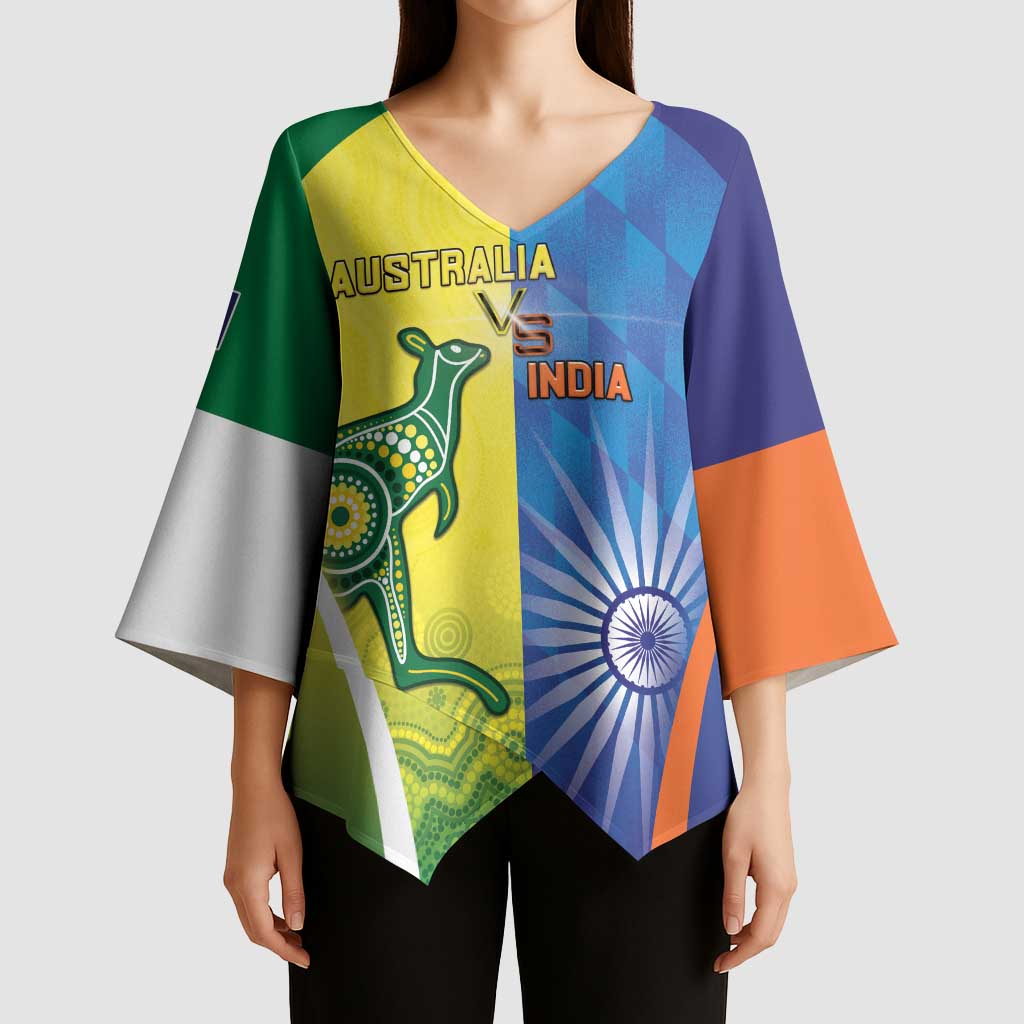 Custom Australia And India Cricket Kimono Sleeve Blouse Ashoka Chakra With Aboriginal - Wonder Print Shop