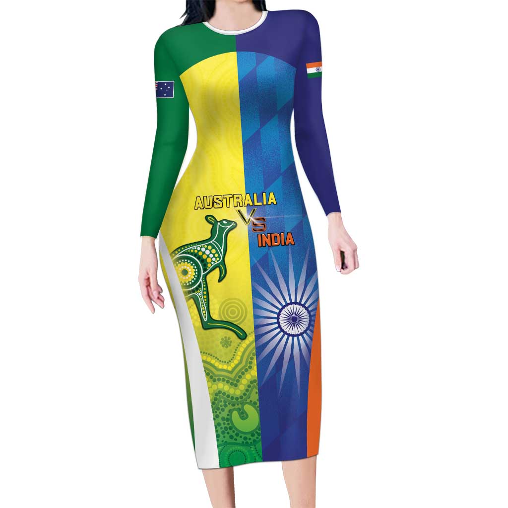 Custom Australia And India Cricket Long Sleeve Bodycon Dress Ashoka Chakra With Aboriginal - Wonder Print Shop