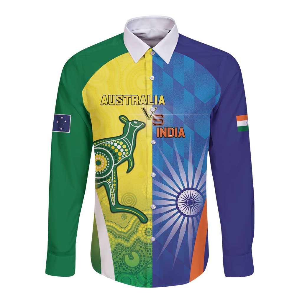 Custom Australia And India Cricket Long Sleeve Button Shirt Ashoka Chakra With Aboriginal - Wonder Print Shop