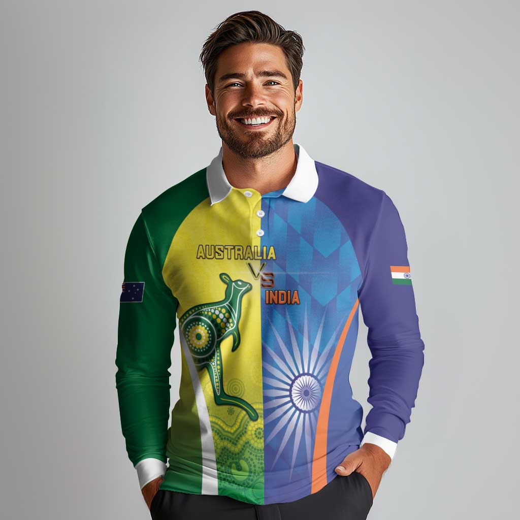 Custom Australia And India Cricket Long Sleeve Polo Shirt Ashoka Chakra With Aboriginal - Wonder Print Shop