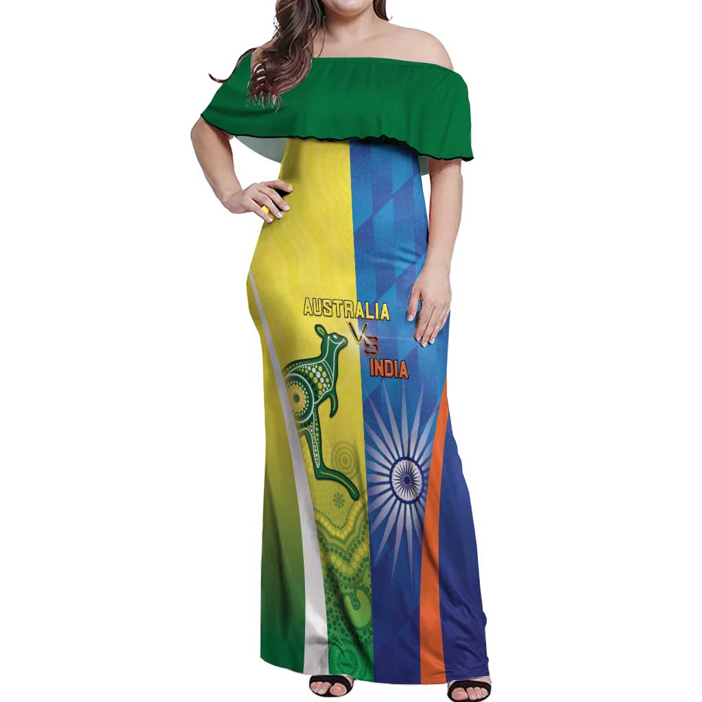 Custom Australia And India Cricket Off Shoulder Maxi Dress Ashoka Chakra With Aboriginal - Wonder Print Shop