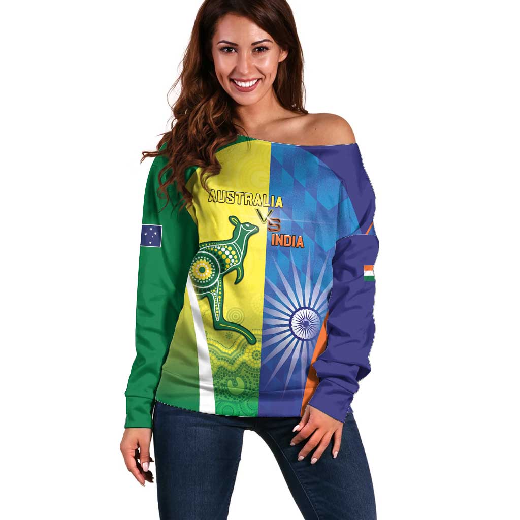 Custom Australia And India Cricket Off Shoulder Sweater Ashoka Chakra With Aboriginal - Wonder Print Shop