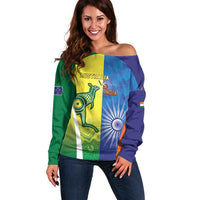 Custom Australia And India Cricket Off Shoulder Sweater Ashoka Chakra With Aboriginal - Wonder Print Shop