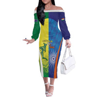 Custom Australia And India Cricket Off The Shoulder Long Sleeve Dress Ashoka Chakra With Aboriginal - Wonder Print Shop